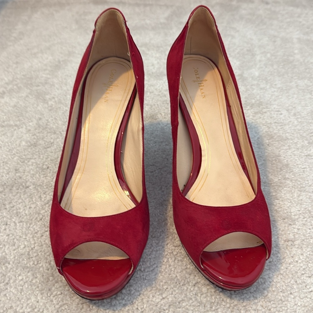 Cole Haan Crimson Red Suede Peep-Toe Pumps